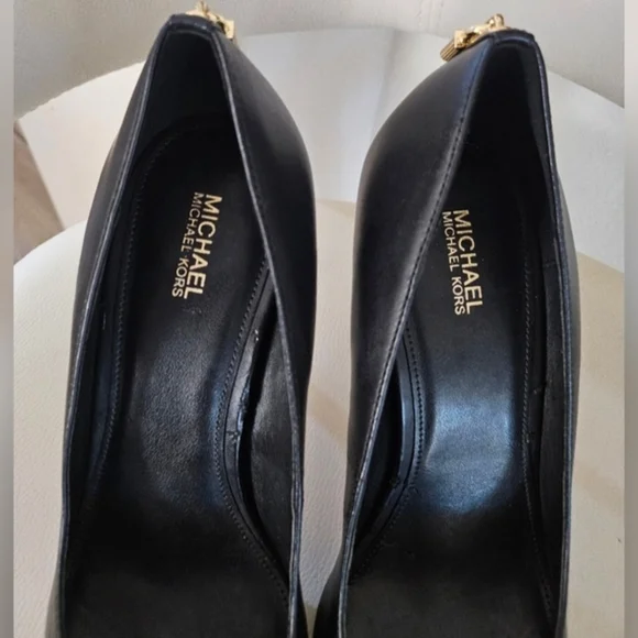 Michael Kors Black Leather Heels with Gold Accent - Picture 3 of 9